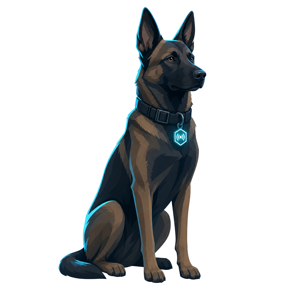 Radar, the InfraWatchdog mascot — an alert shepherd dog with a glowing cyan signal collar tag